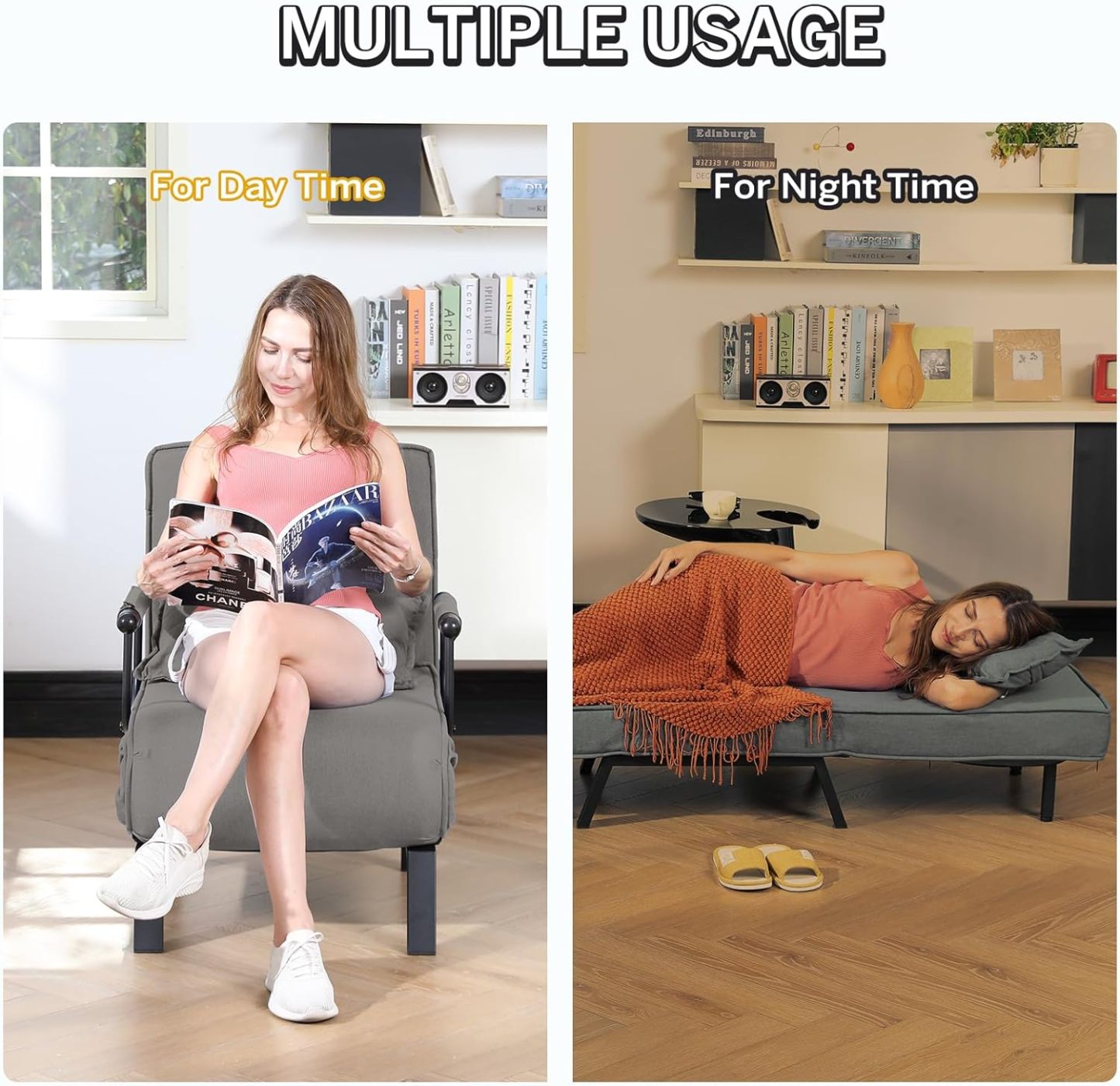 Convertible Bed Sleeper Chair Chaise Lounge 6 Adjustable Positions Folding Sofa Recliner
