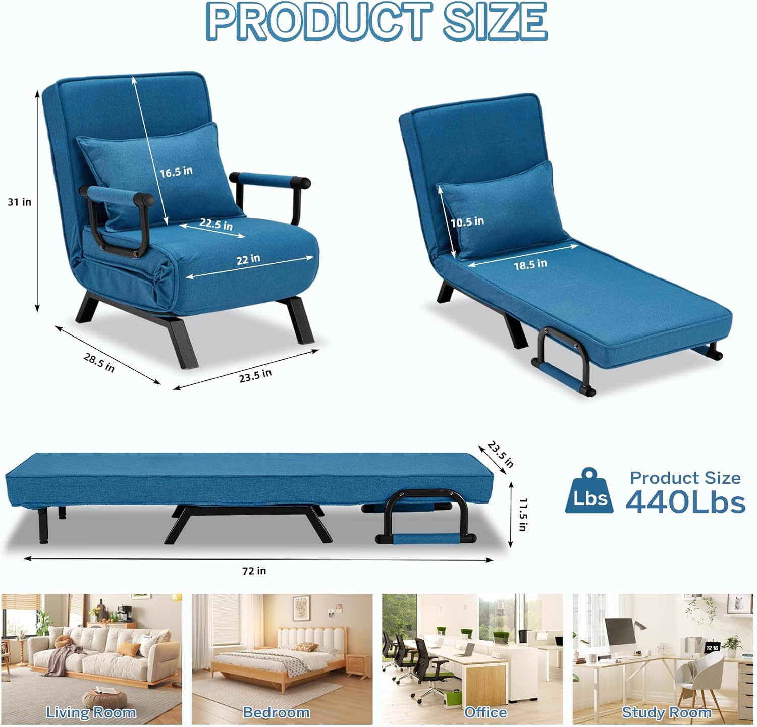 Convertible Bed Sleeper Chair Chaise Lounge 6 Adjustable Positions Folding Sofa Recliner
