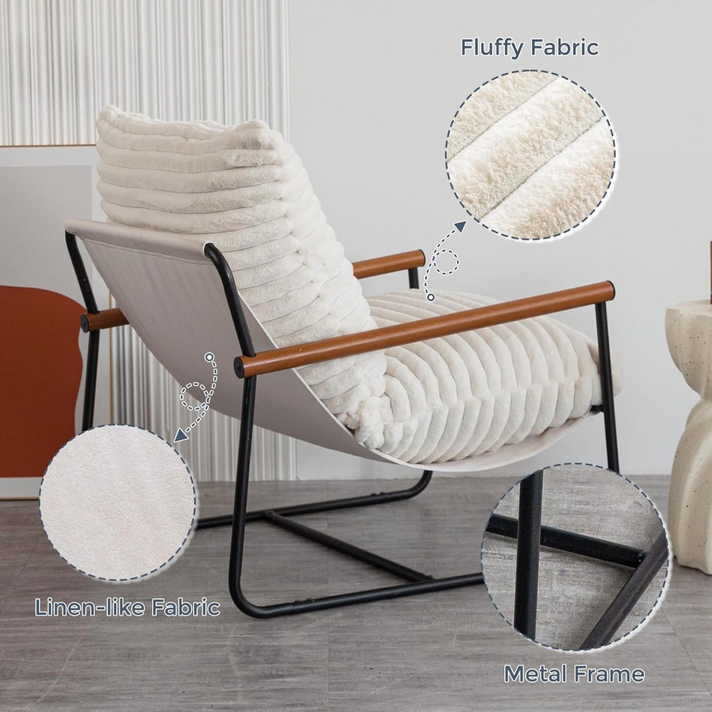 Chair Arm Chair Modern Boucle Reading Wooden Arms Metal Frame