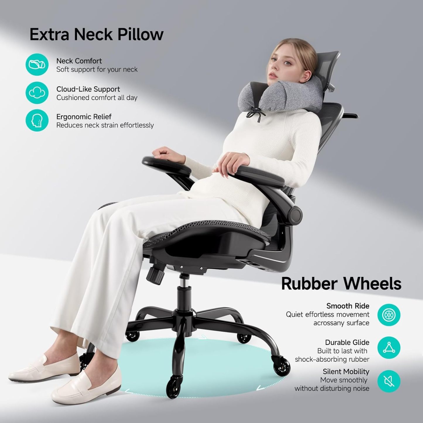 Ergonomic Office Chair with Neck Pillow Headrest with Rubber Wheels