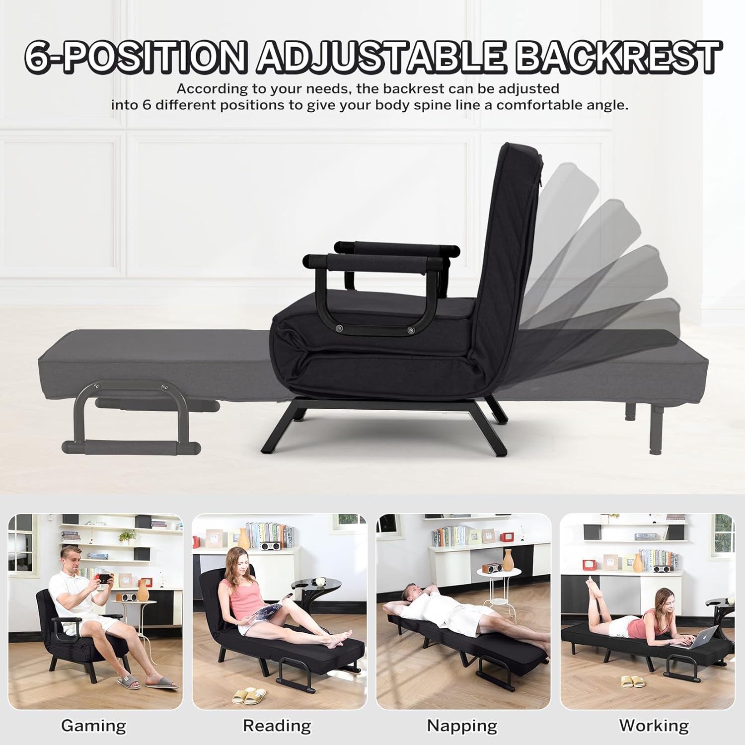 Convertible Bed Sleeper Chair Chaise Lounge 6 Adjustable Positions Folding Sofa Recliner