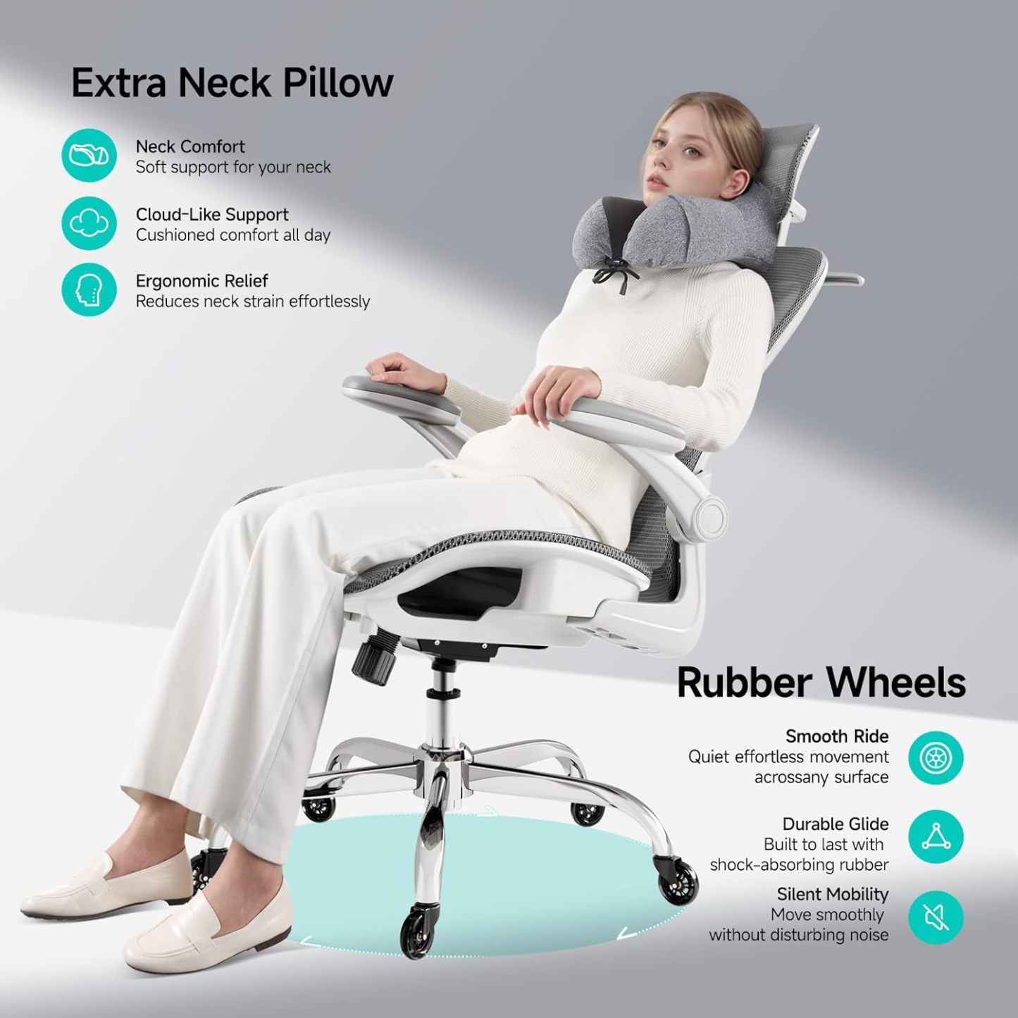 Ergonomic Office Chair with Neck Pillow Headrest with Rubber Wheels