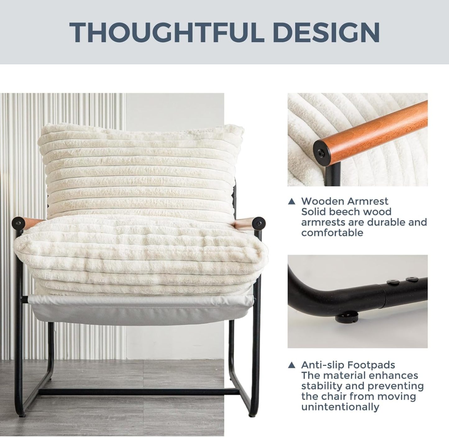 Chair Arm Chair Modern Boucle Reading Wooden Arms Metal Frame