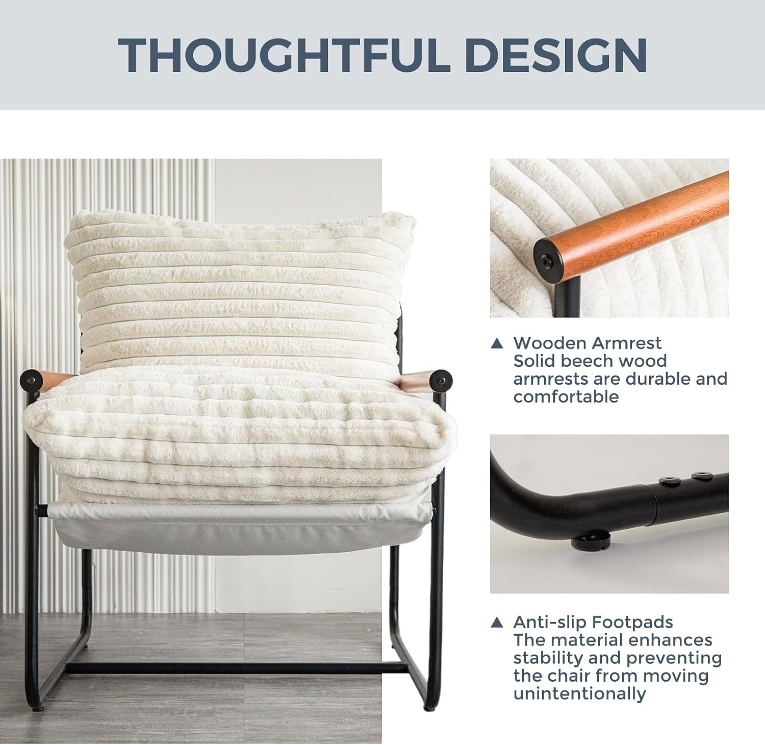 Chair Arm Chair Modern Boucle Reading Wooden Arms Metal Frame