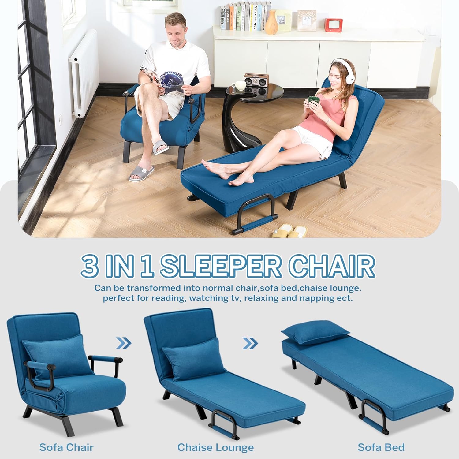 Convertible Bed Sleeper Chair Chaise Lounge 6 Adjustable Positions Folding Sofa Recliner