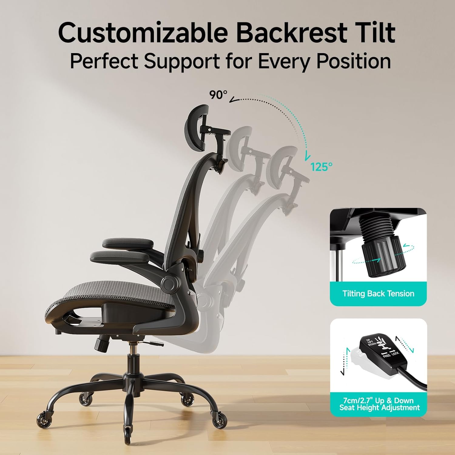 Ergonomic Office Chair with Neck Pillow Headrest with Rubber Wheels
