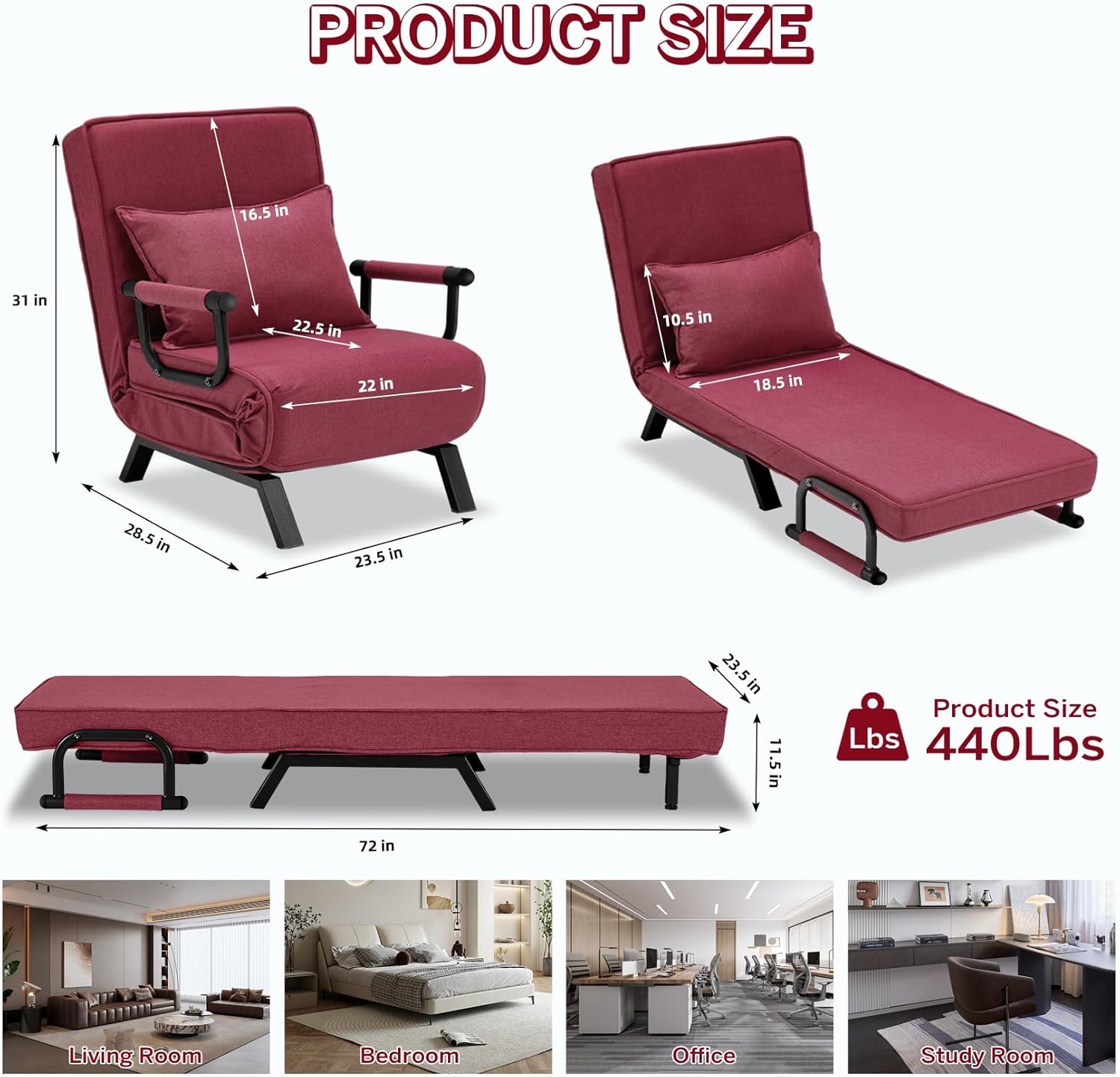 Convertible Bed Sleeper Chair Chaise Lounge 6 Adjustable Positions Folding Sofa Recliner