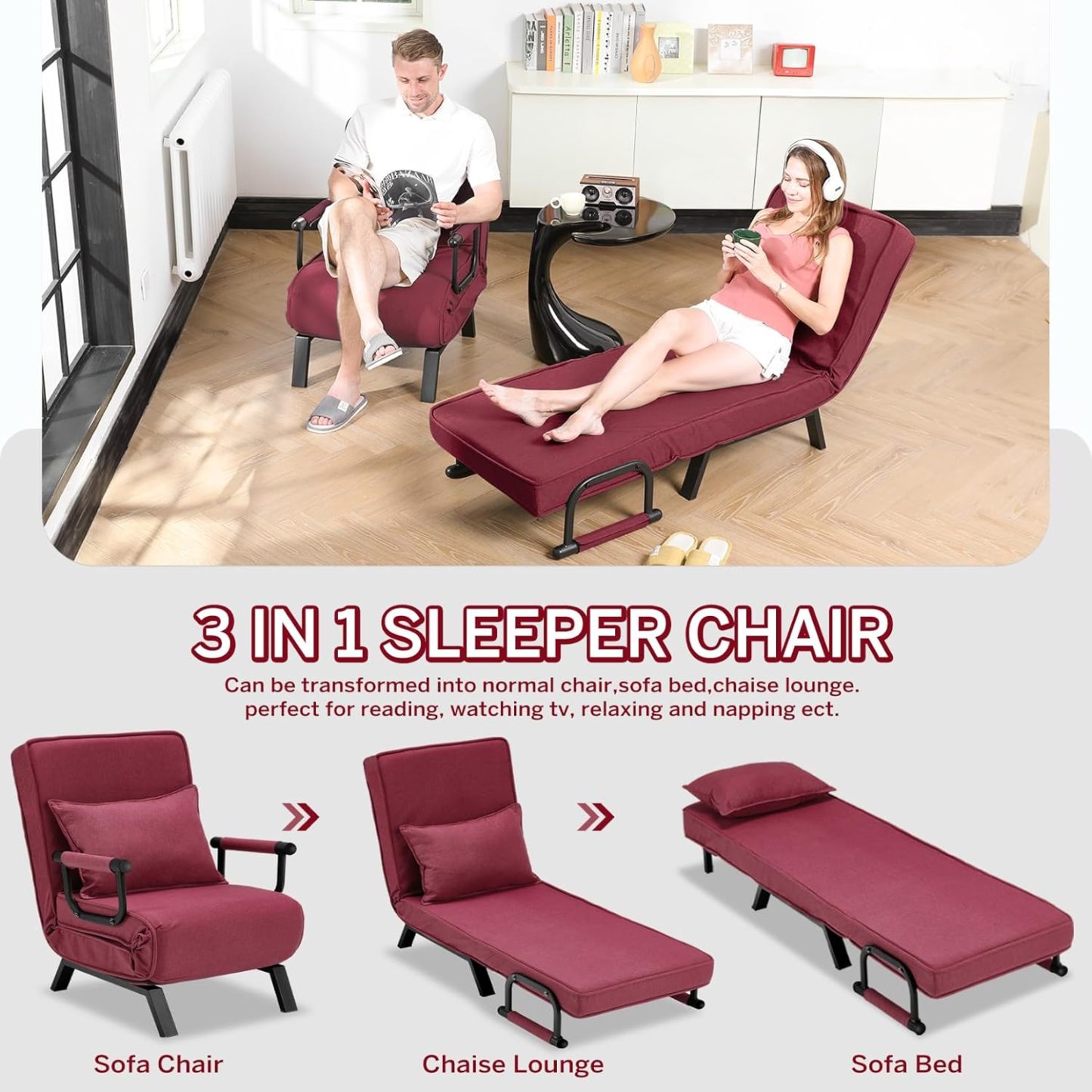 Convertible Bed Sleeper Chair Chaise Lounge 6 Adjustable Positions Folding Sofa Recliner