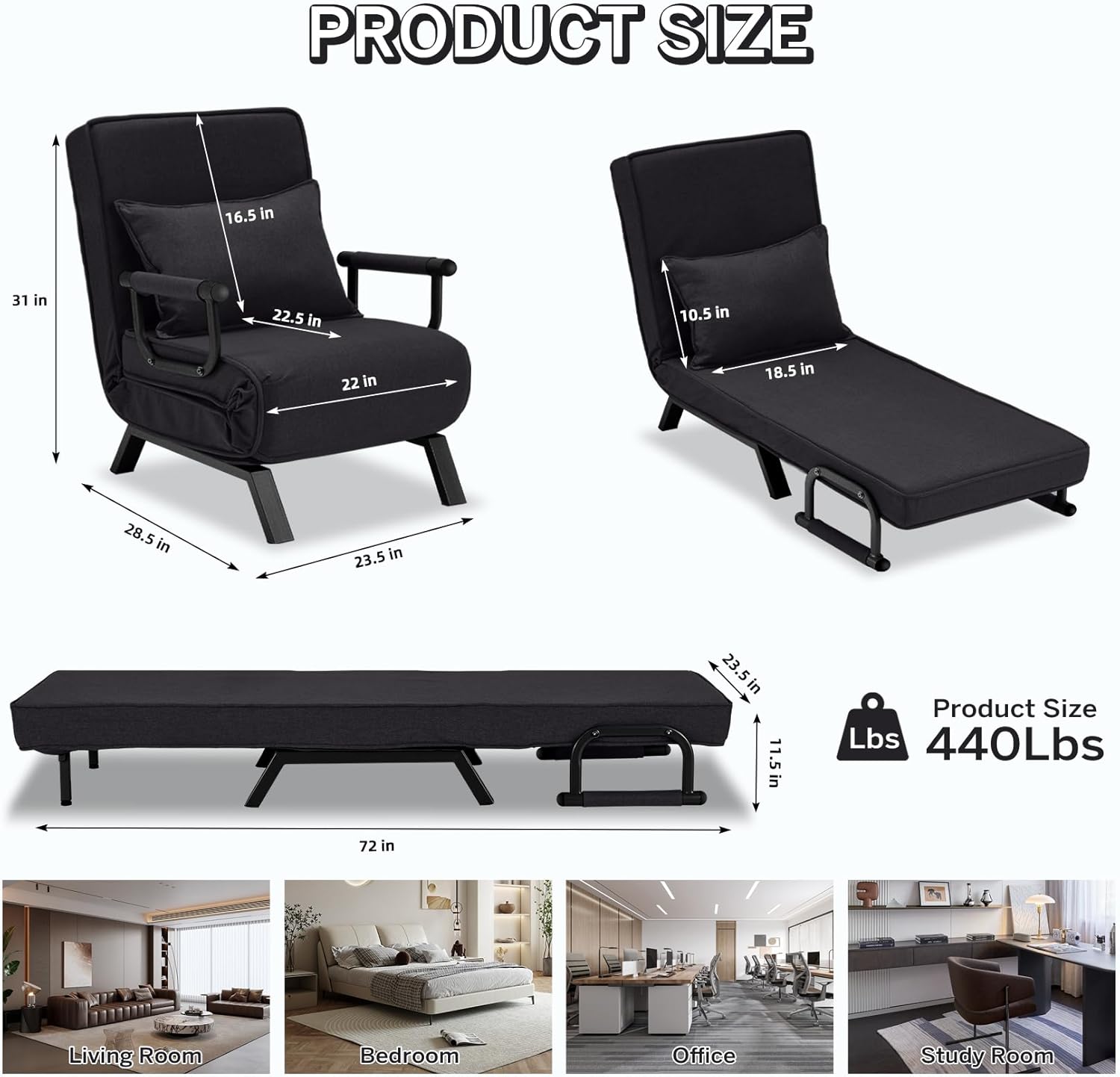 Convertible Bed Sleeper Chair Chaise Lounge 6 Adjustable Positions Folding Sofa Recliner