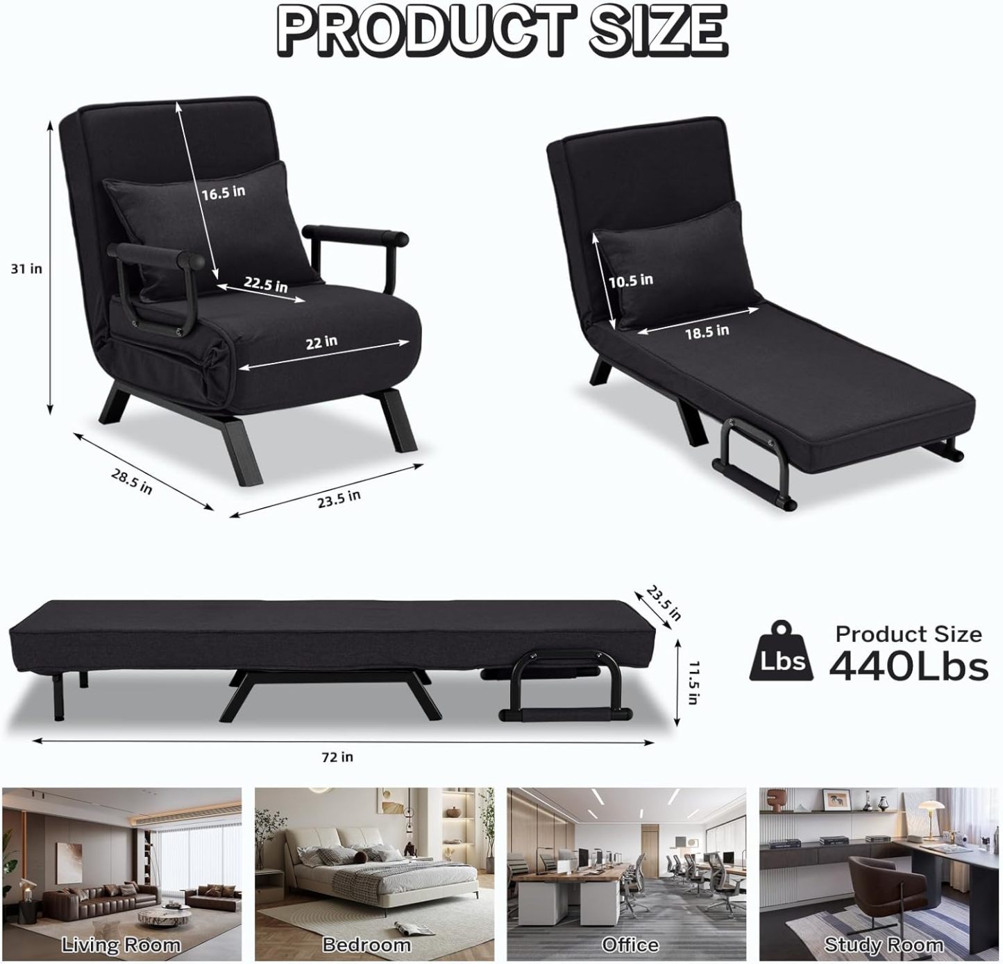 Convertible Bed Sleeper Chair Chaise Lounge 6 Adjustable Positions Folding Sofa Recliner