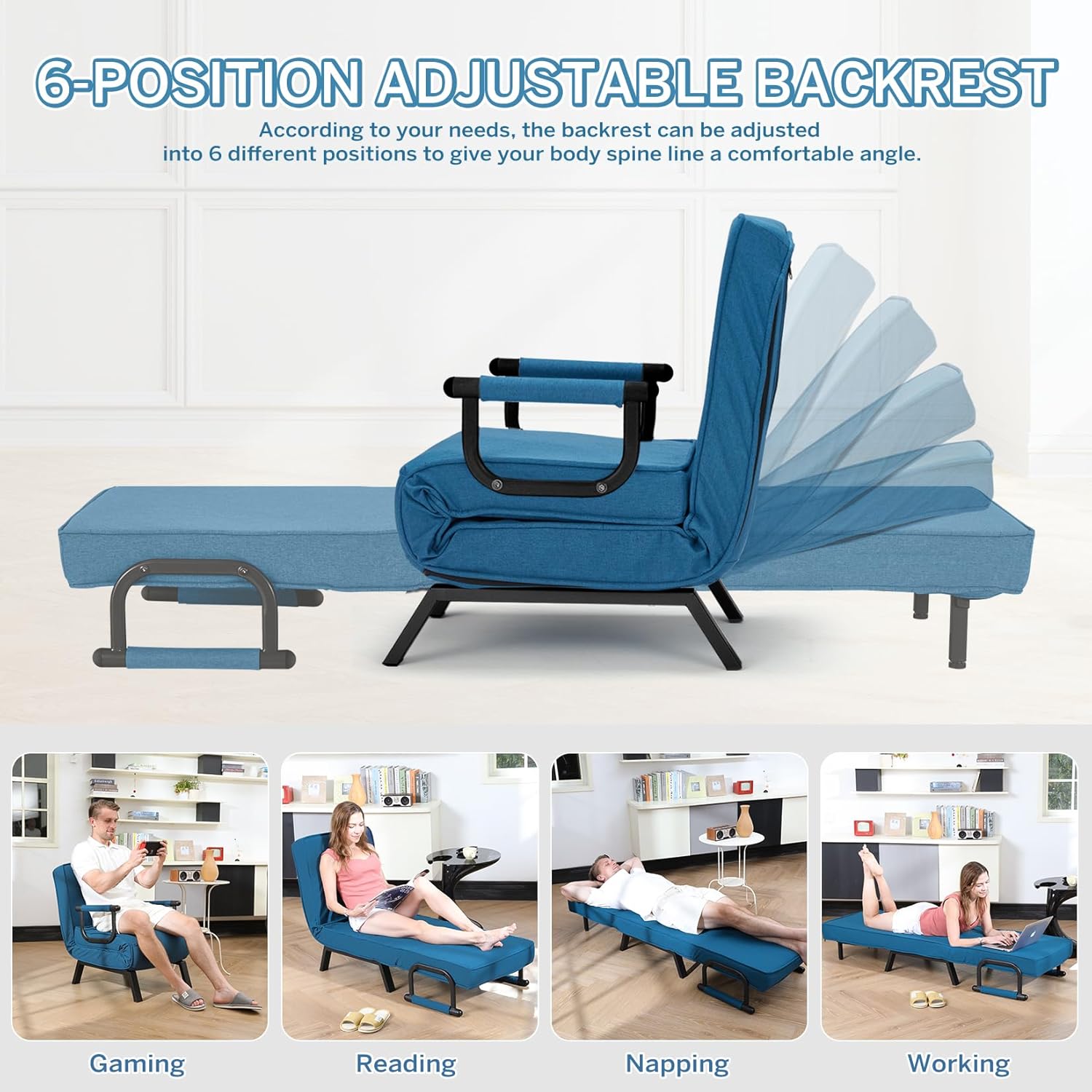 Convertible Bed Sleeper Chair Chaise Lounge 6 Adjustable Positions Folding Sofa Recliner