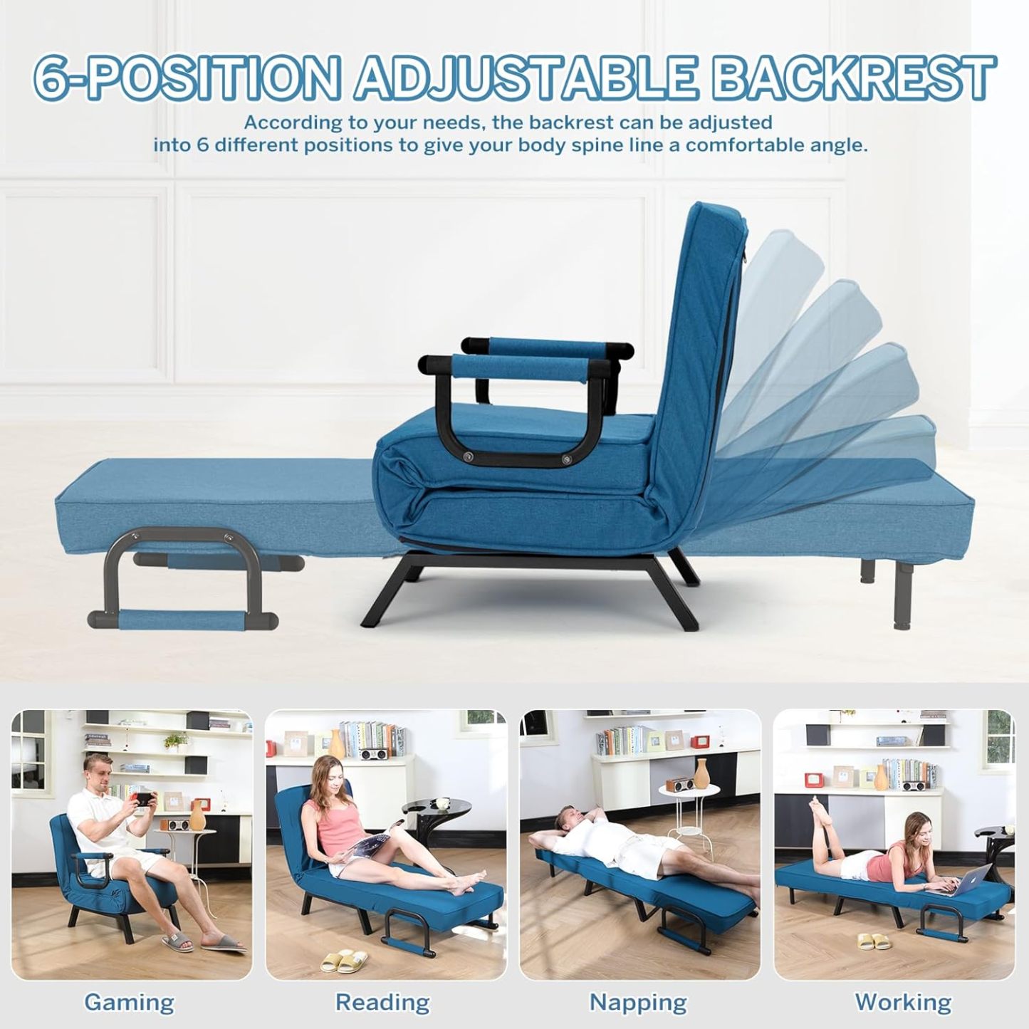Convertible Bed Sleeper Chair Chaise Lounge 6 Adjustable Positions Folding Sofa Recliner