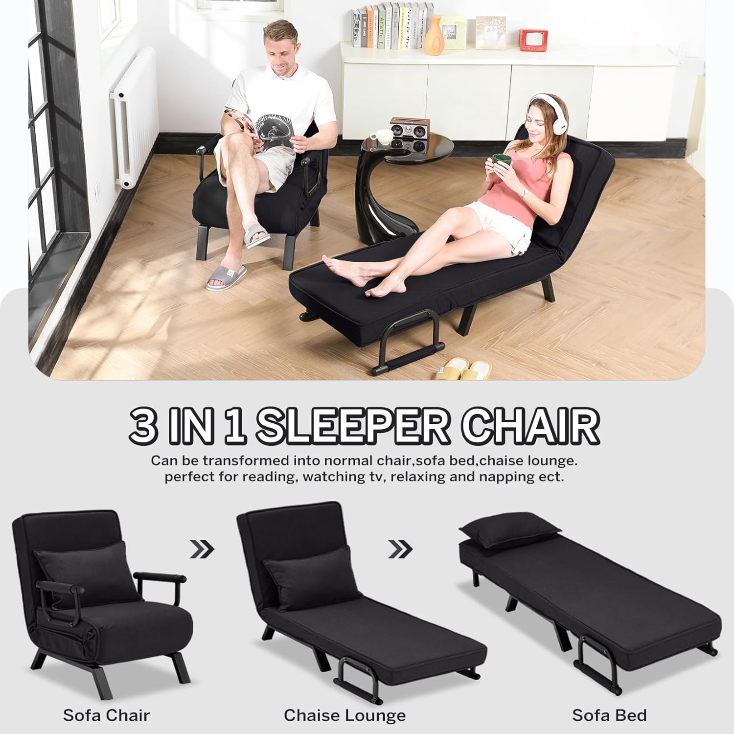 Convertible Bed Sleeper Chair Chaise Lounge 6 Adjustable Positions Folding Sofa Recliner