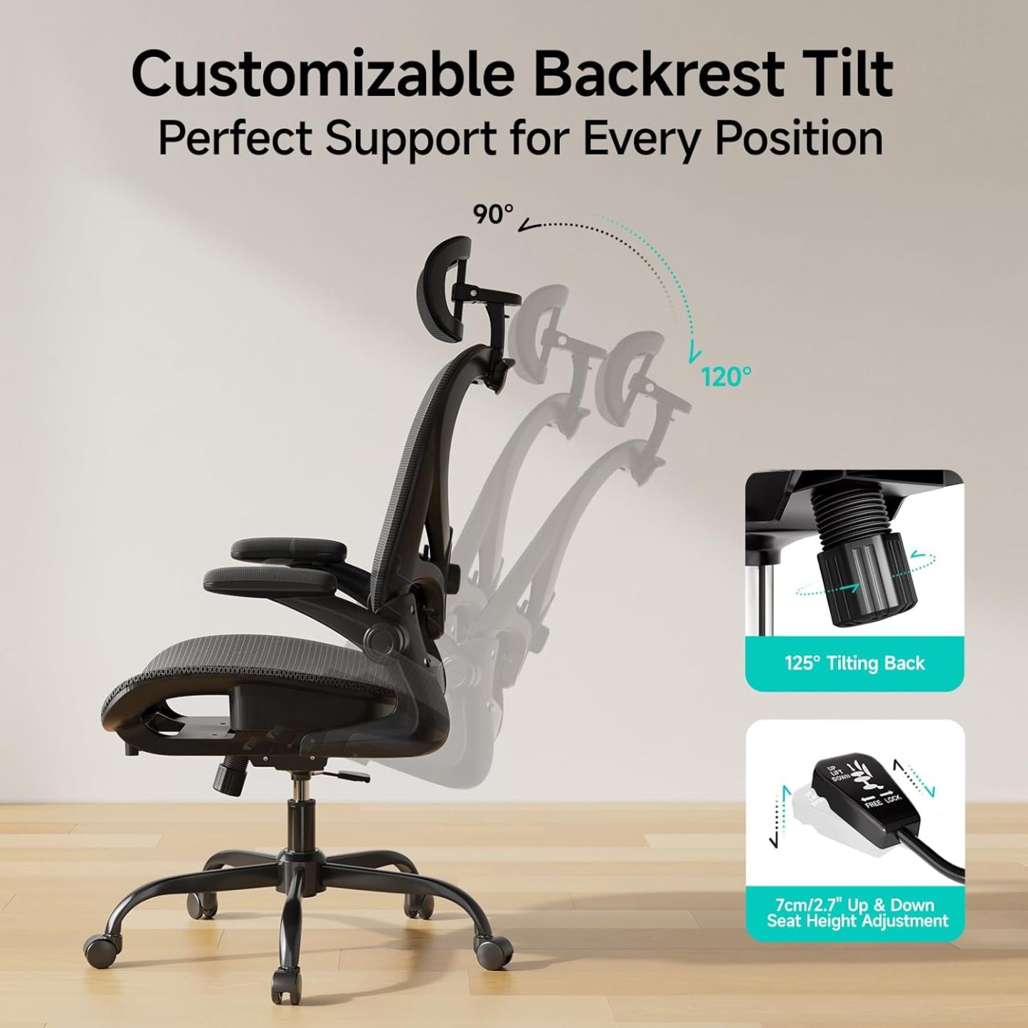 Ergonomic Office Chair with Neck Pillow Headrest with Rubber Wheels