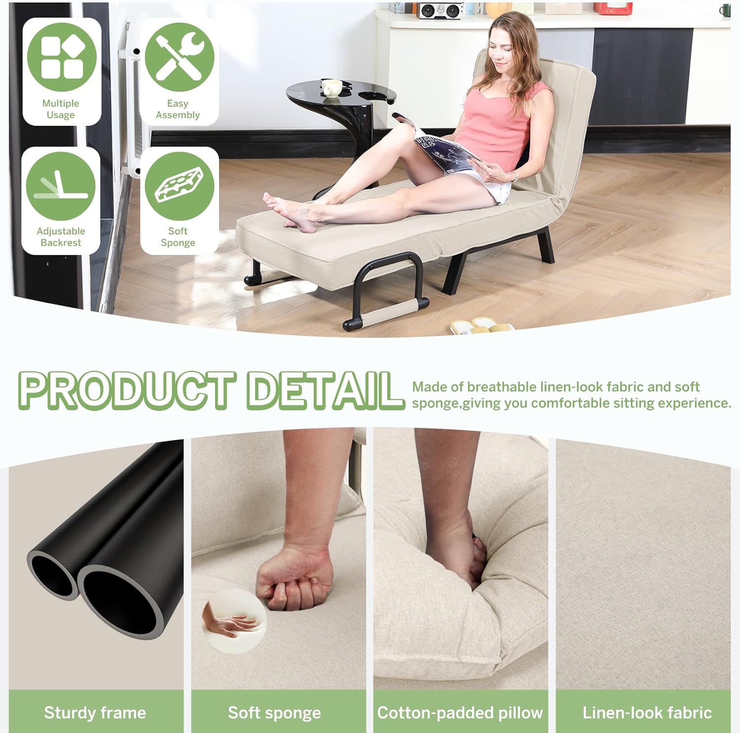 Convertible Bed Sleeper Chair Chaise Lounge 6 Adjustable Positions Folding Sofa Recliner