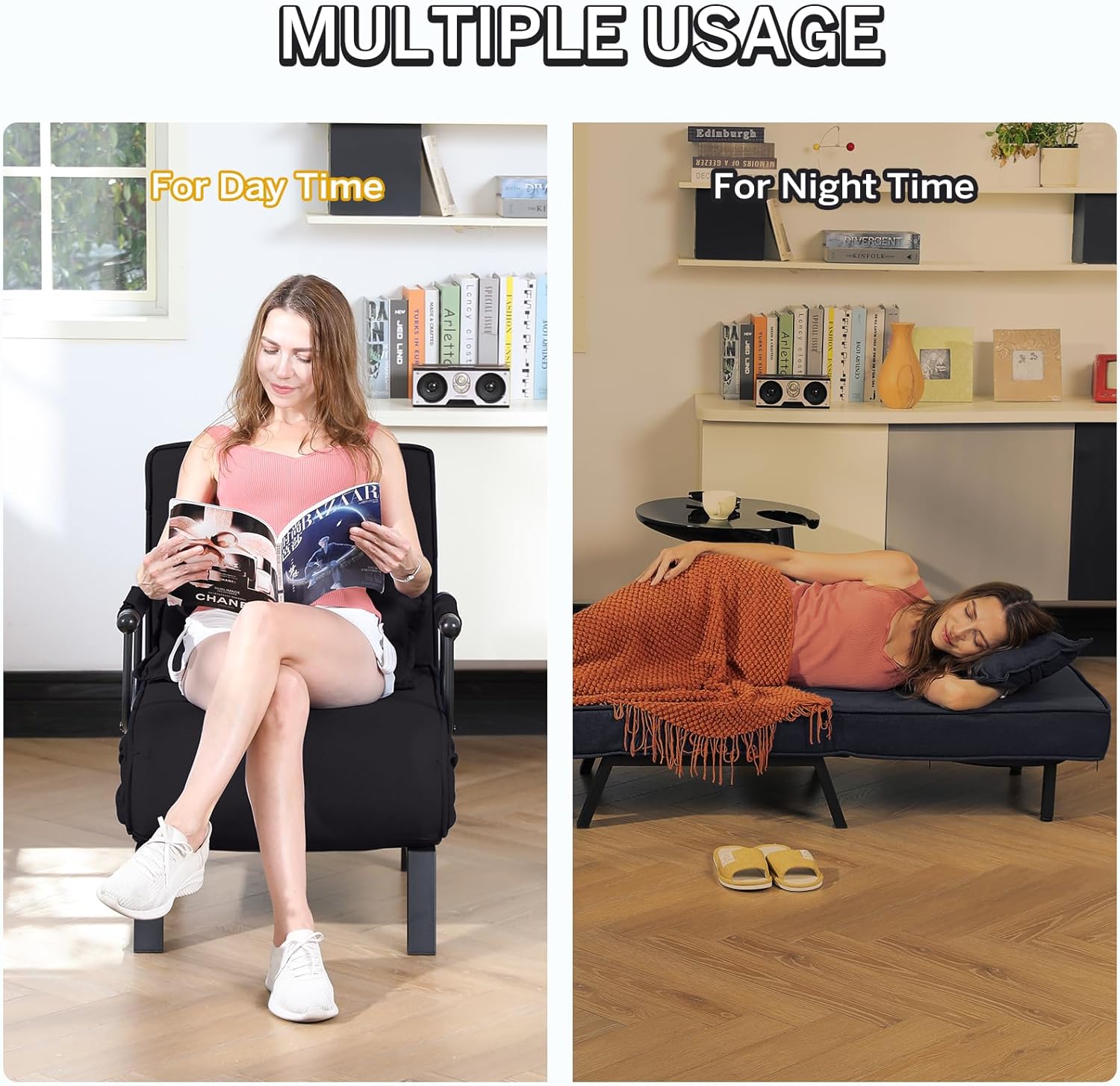 Convertible Bed Sleeper Chair Chaise Lounge 6 Adjustable Positions Folding Sofa Recliner