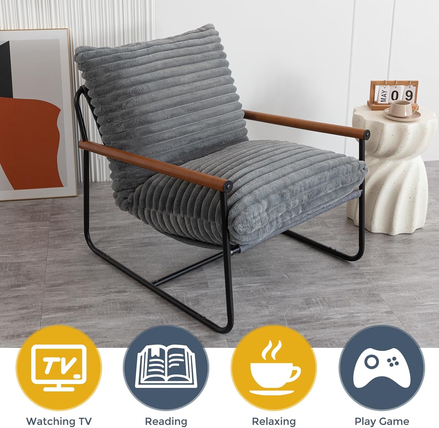 Chair Arm Chair Modern Boucle Reading Wooden Arms Metal Frame