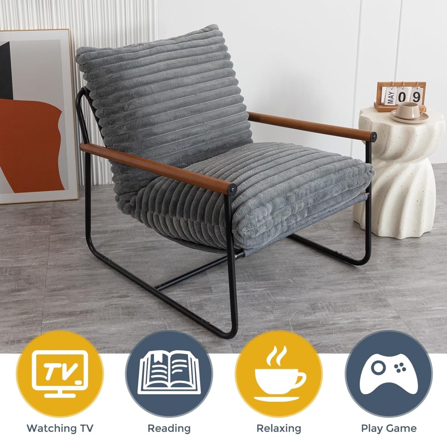 Chair Arm Chair Modern Boucle Reading Wooden Arms Metal Frame