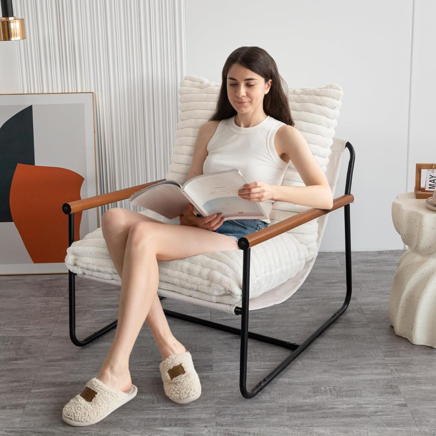 Chair Arm Chair Modern Boucle Reading Wooden Arms Metal Frame