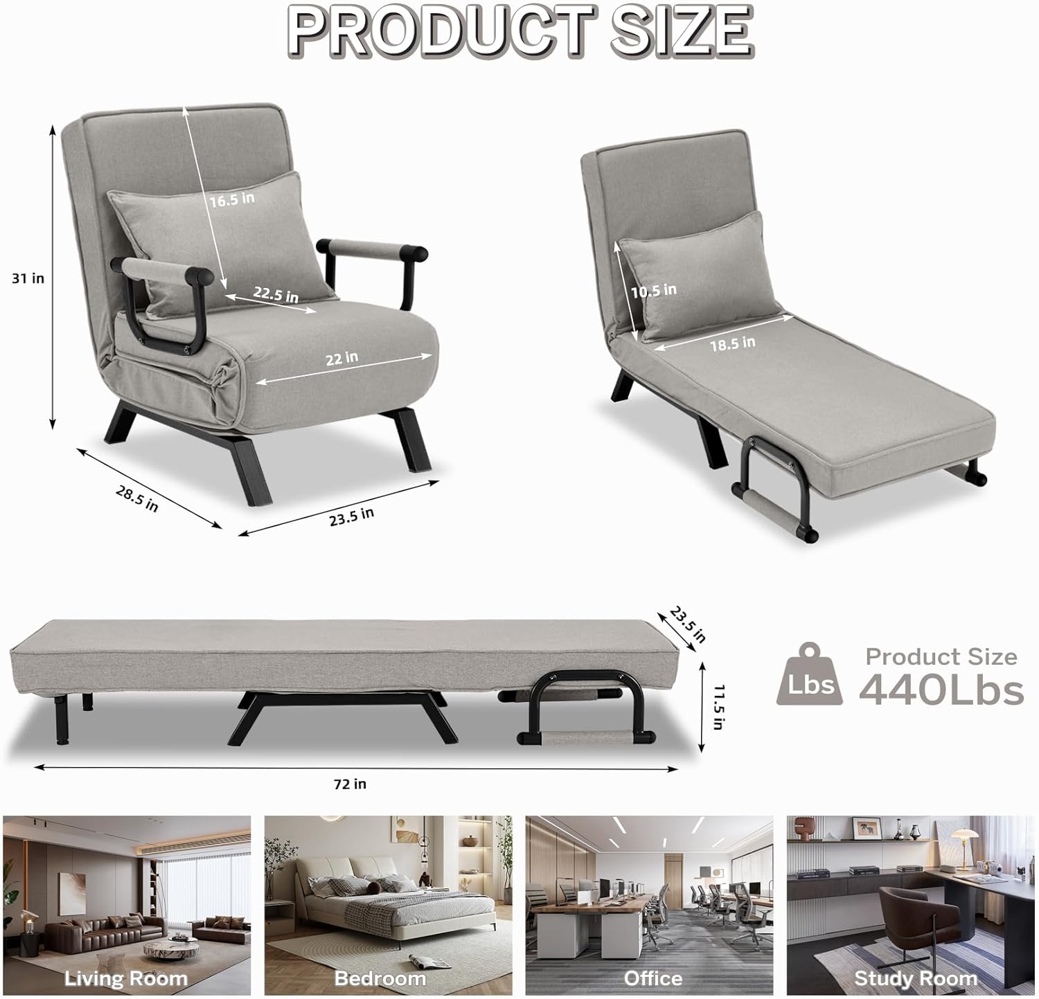 Convertible Bed Sleeper Chair Chaise Lounge 6 Adjustable Positions Folding Sofa Recliner