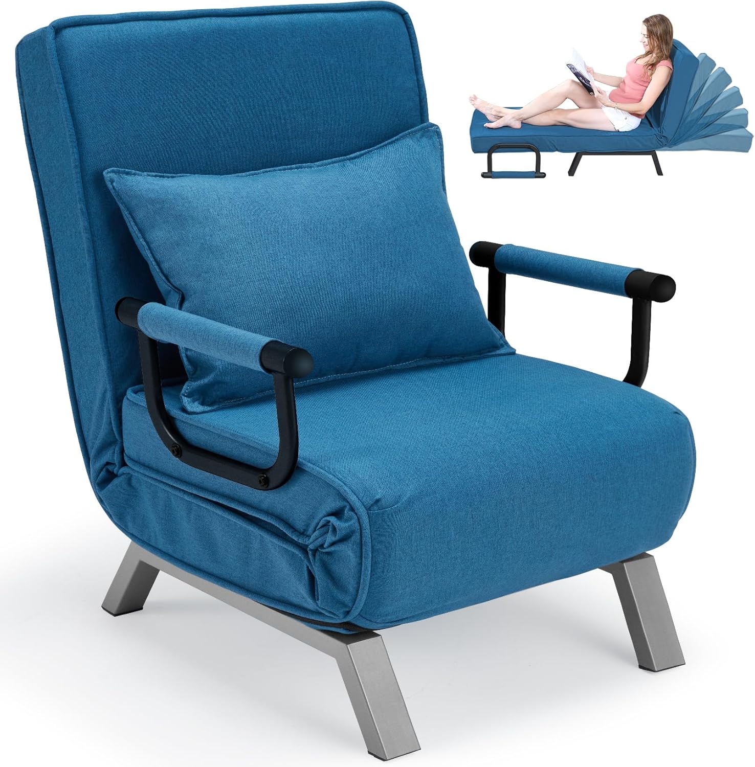 Convertible Bed Sleeper Chair Chaise Lounge 6 Adjustable Positions Folding Sofa Recliner