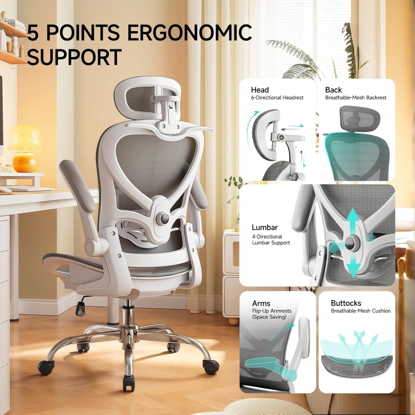 Ergonomic Office Chair with Neck Pillow Headrest with Rubber Wheels