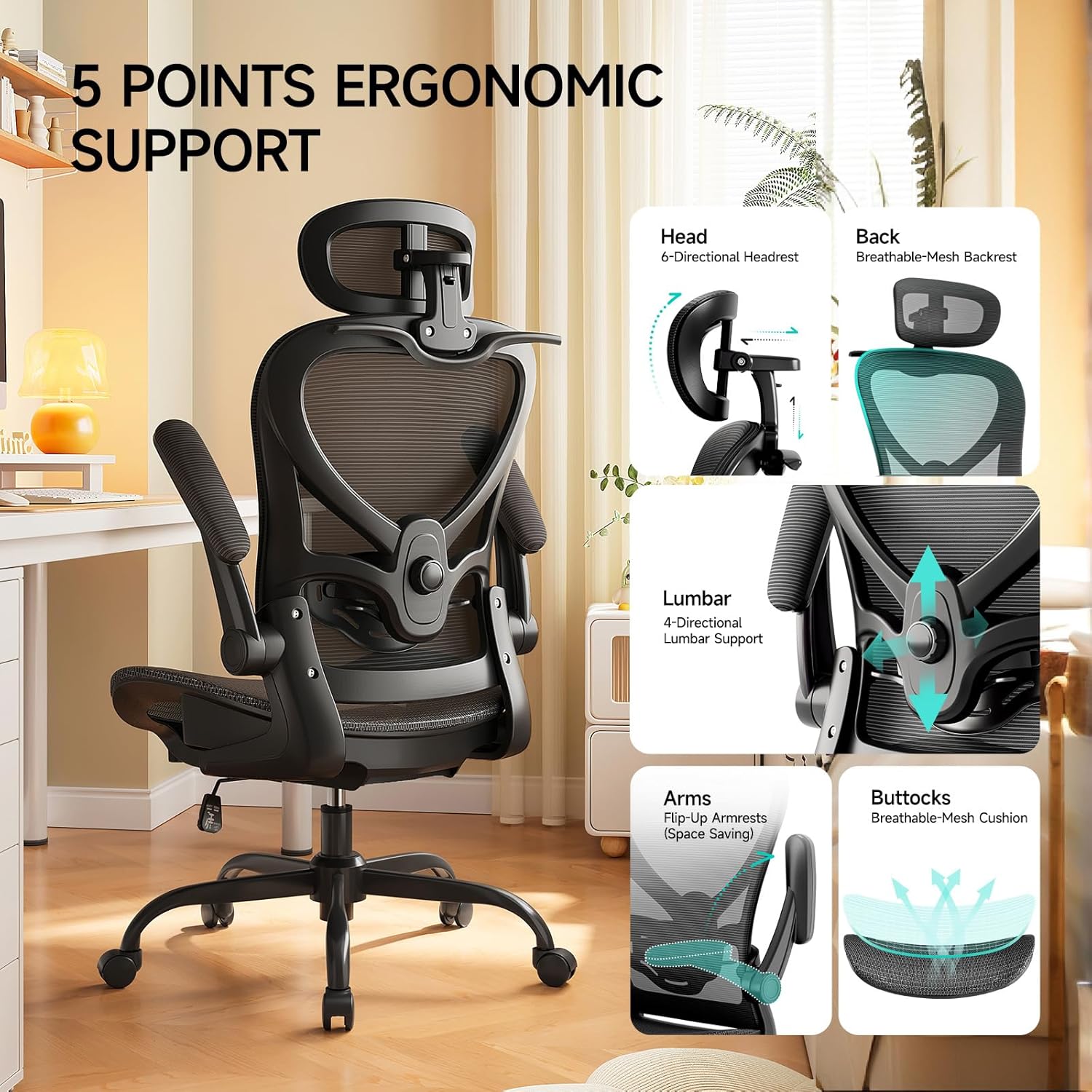 Ergonomic Office Chair with Neck Pillow Headrest with Rubber Wheels