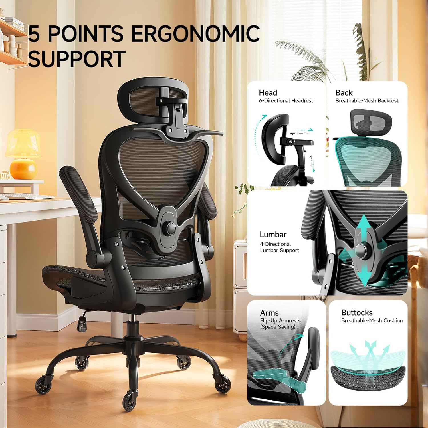 Ergonomic Office Chair with Neck Pillow Headrest with Rubber Wheels