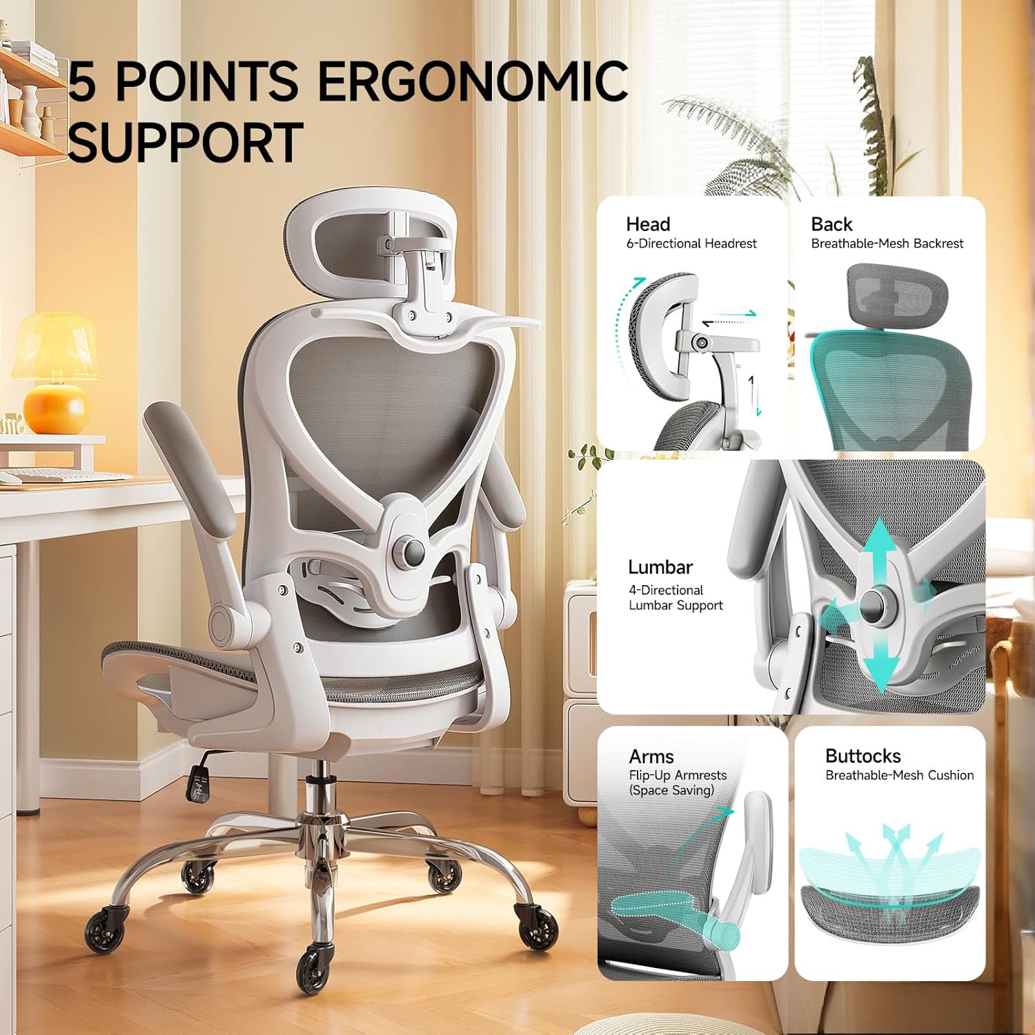Ergonomic Office Chair with Neck Pillow Headrest with Rubber Wheels