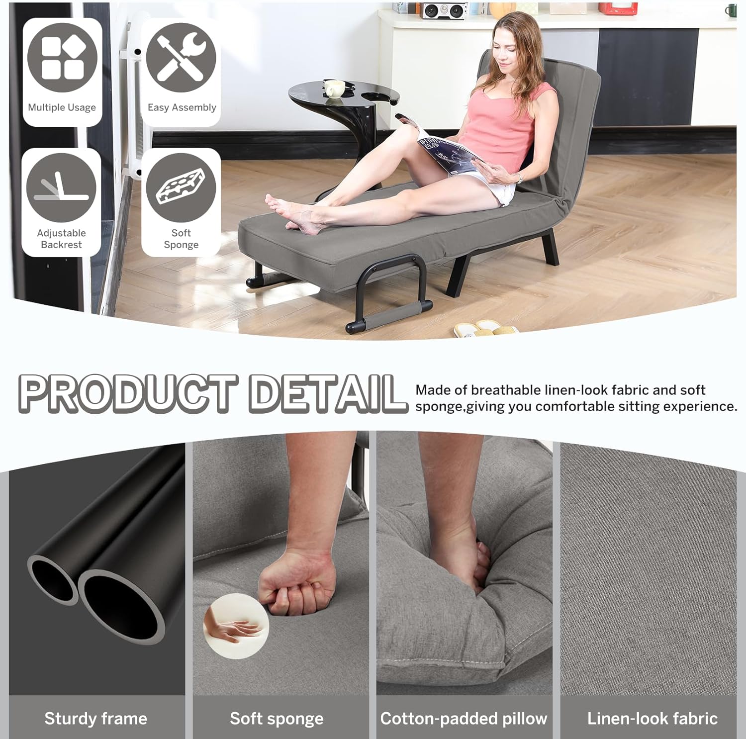 Convertible Bed Sleeper Chair Chaise Lounge 6 Adjustable Positions Folding Sofa Recliner