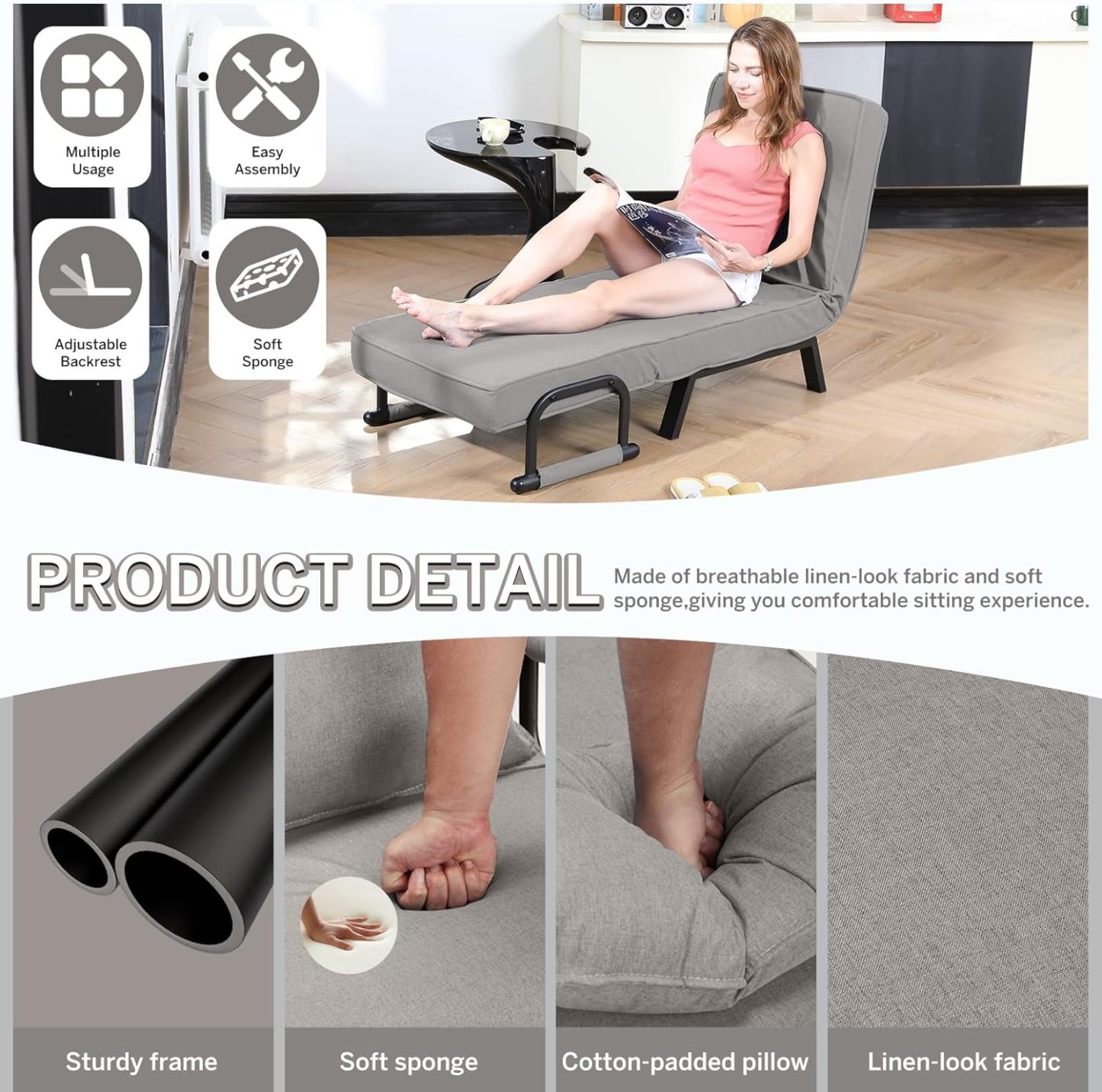 Convertible Bed Sleeper Chair Chaise Lounge 6 Adjustable Positions Folding Sofa Recliner