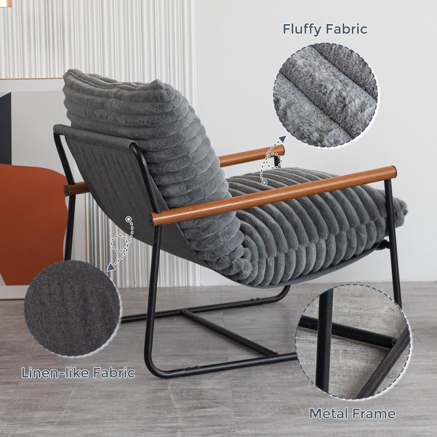 Chair Arm Chair Modern Boucle Reading Wooden Arms Metal Frame