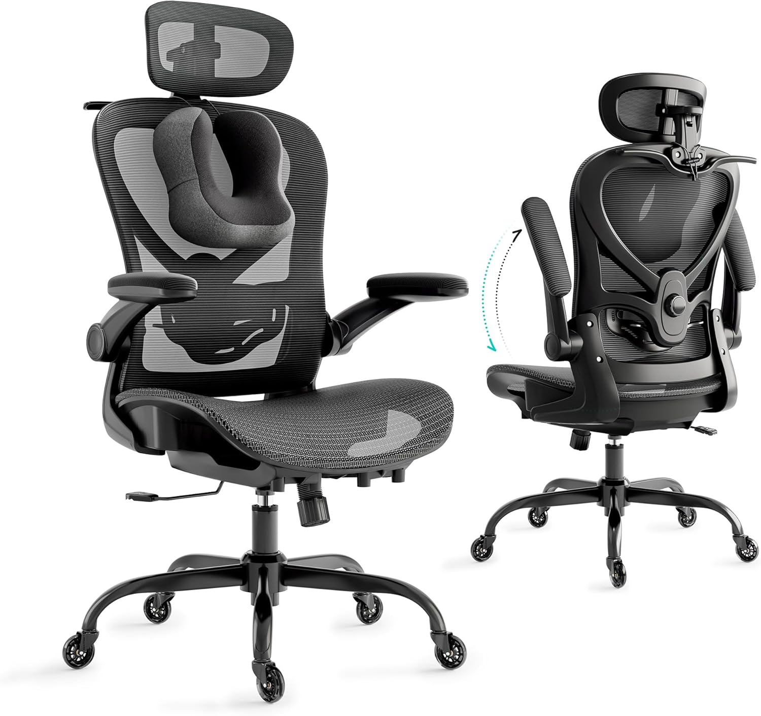 Ergonomic Office Chair with Neck Pillow & 3D Headrest, Desk Chair with Coat Hanger & Rubber Wheels, Executive Chair with 2D Lumbar Support & Flip Up Arms, Mesh Cushion & Backrest,Grey