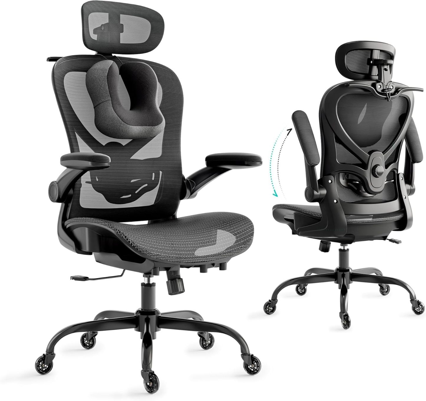 Ergonomic Office Chair with Neck Pillow & 3D Headrest, Desk Chair with Coat Hanger & Rubber Wheels, Executive Chair with 2D Lumbar Support & Flip Up Arms, Mesh Cushion & Backrest,Grey