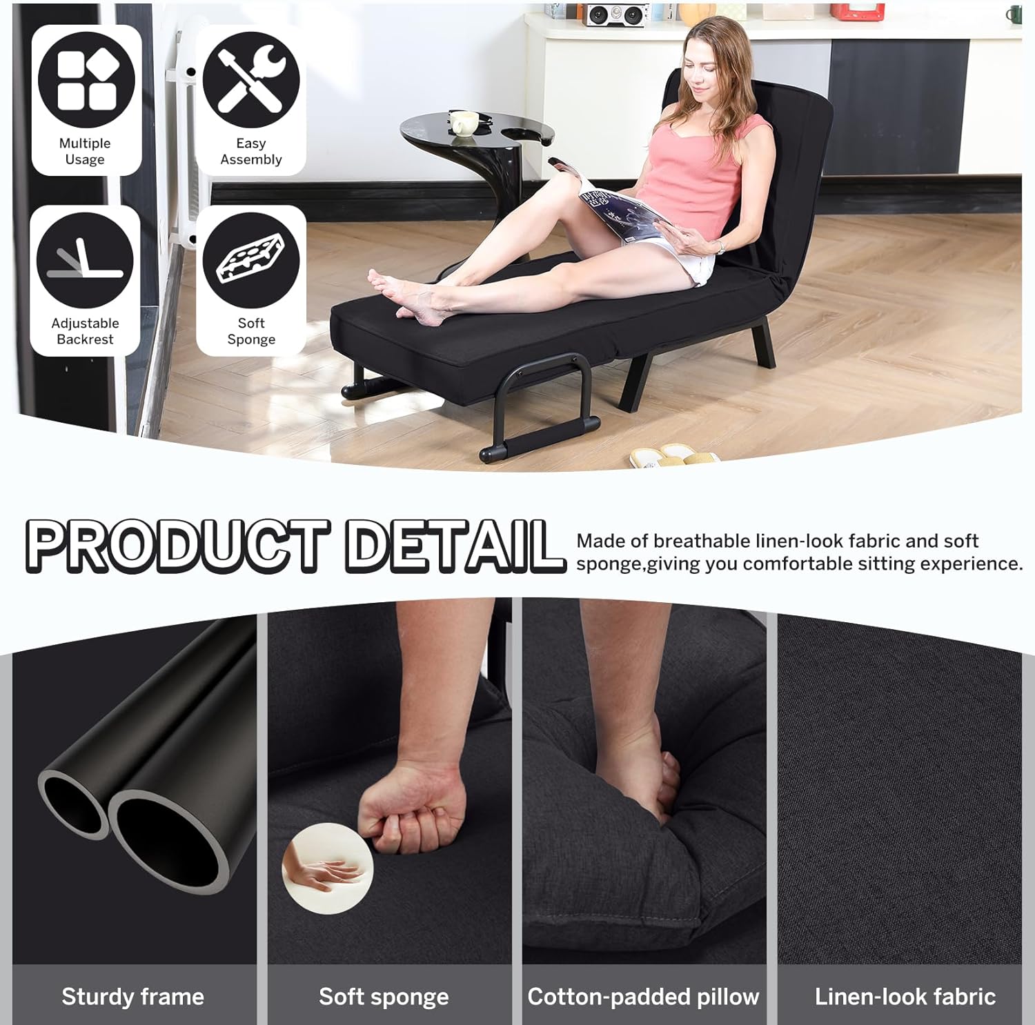 Convertible Bed Sleeper Chair Chaise Lounge 6 Adjustable Positions Folding Sofa Recliner