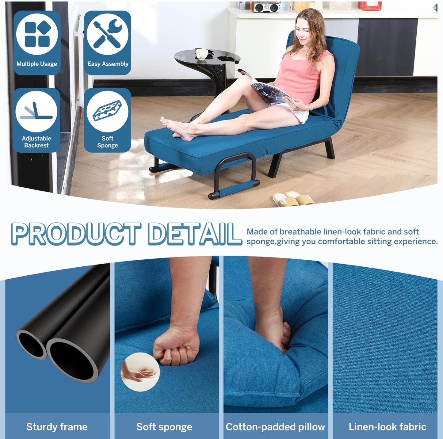 Convertible Bed Sleeper Chair Chaise Lounge 6 Adjustable Positions Folding Sofa Recliner