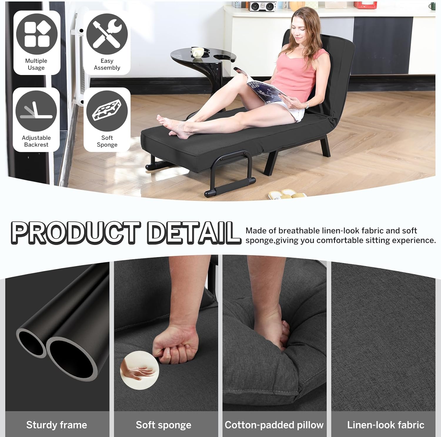 Convertible Bed Sleeper Chair Chaise Lounge 6 Adjustable Positions Folding Sofa Recliner