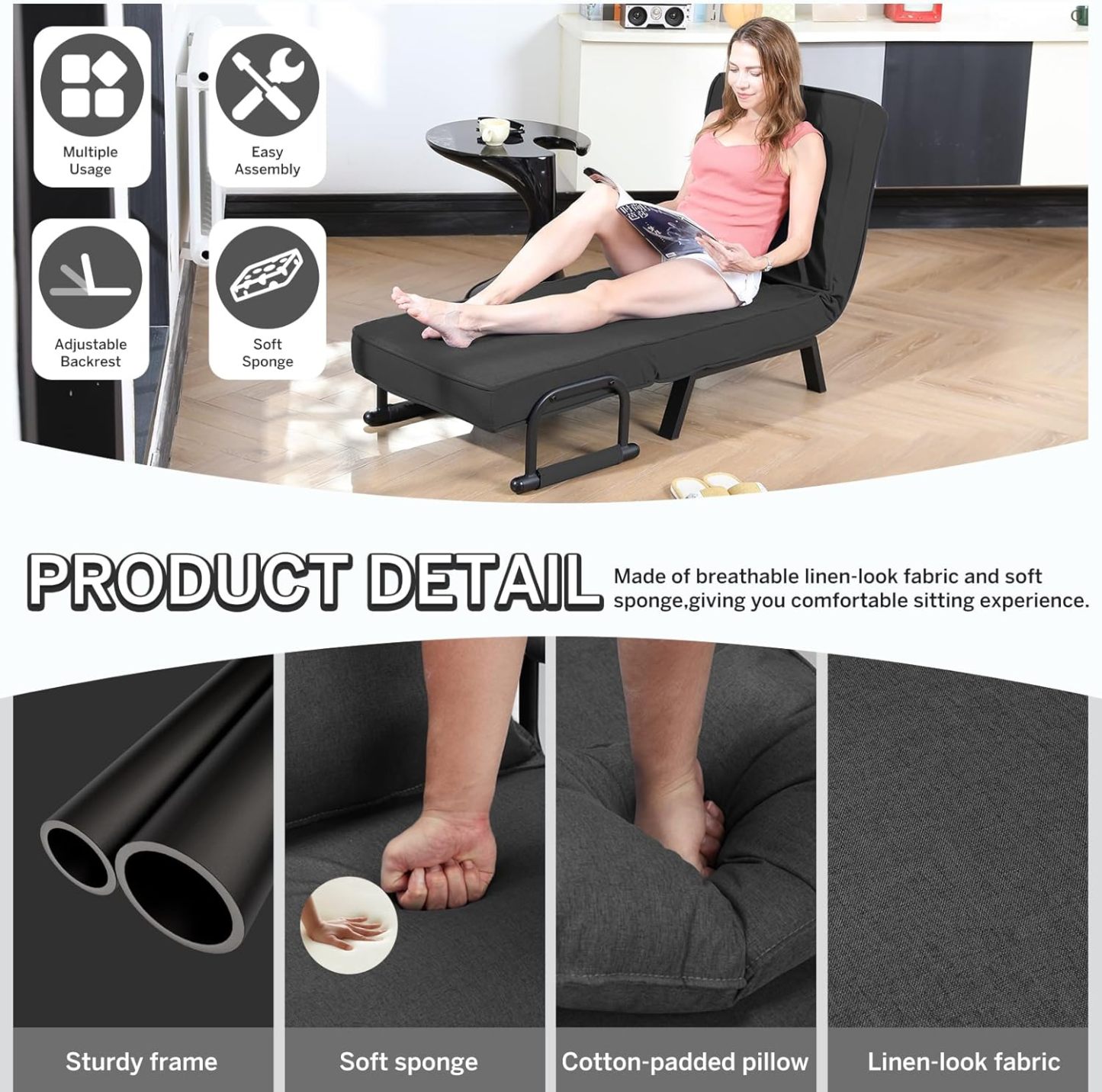 Convertible Bed Sleeper Chair Chaise Lounge 6 Adjustable Positions Folding Sofa Recliner