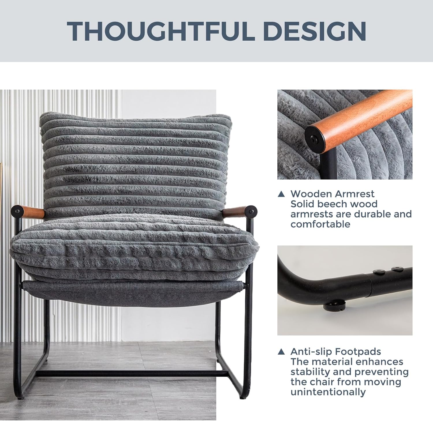 Chair Arm Chair Modern Boucle Reading Wooden Arms Metal Frame