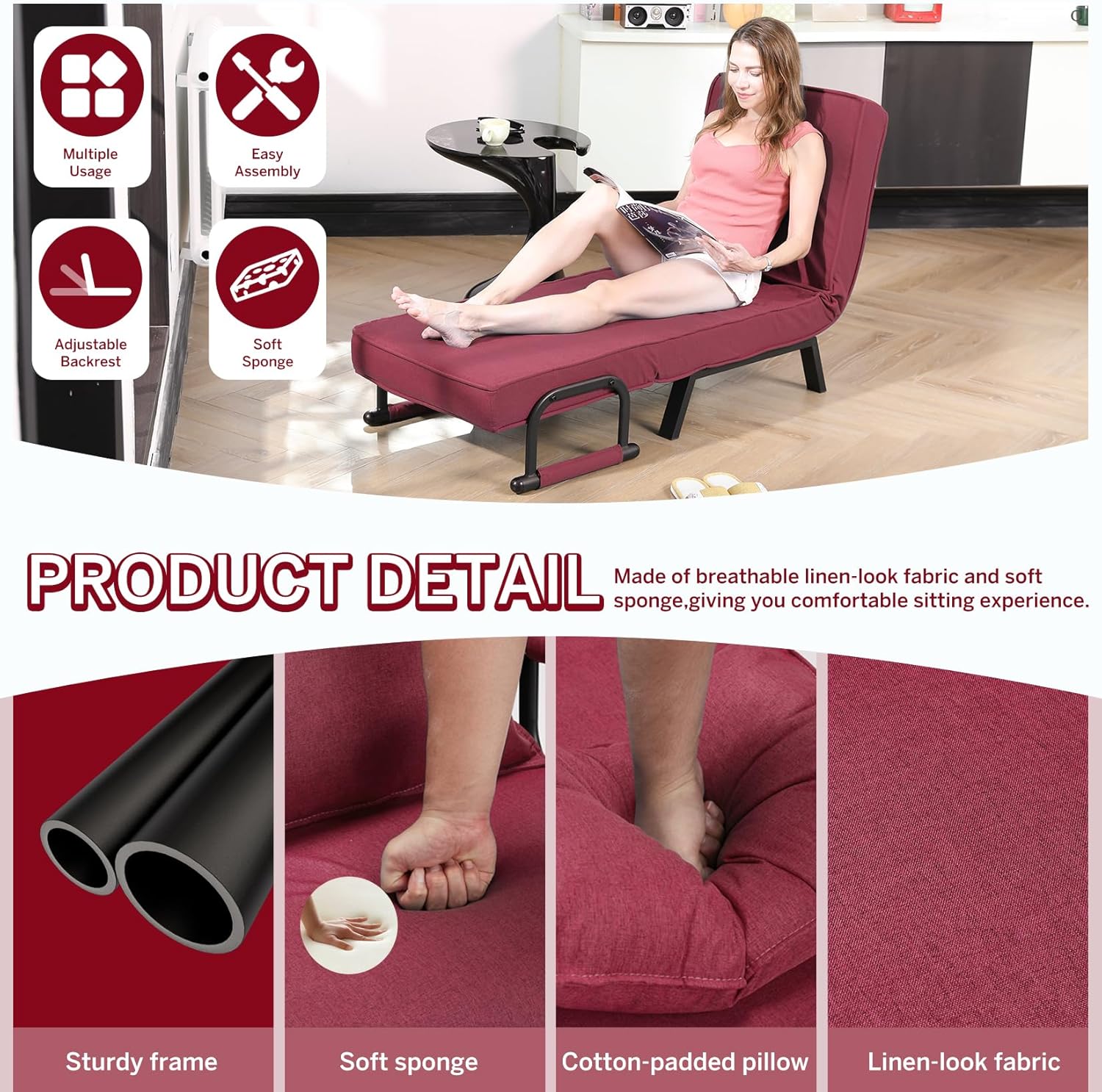 Convertible Bed Sleeper Chair Chaise Lounge 6 Adjustable Positions Folding Sofa Recliner