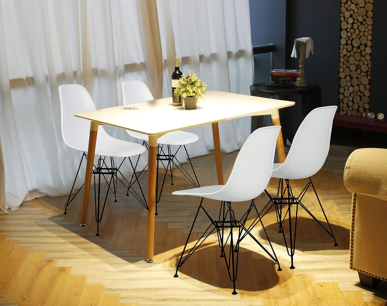 Contemporary Armless Dining Chair with Black Metal Legs White Set of 4