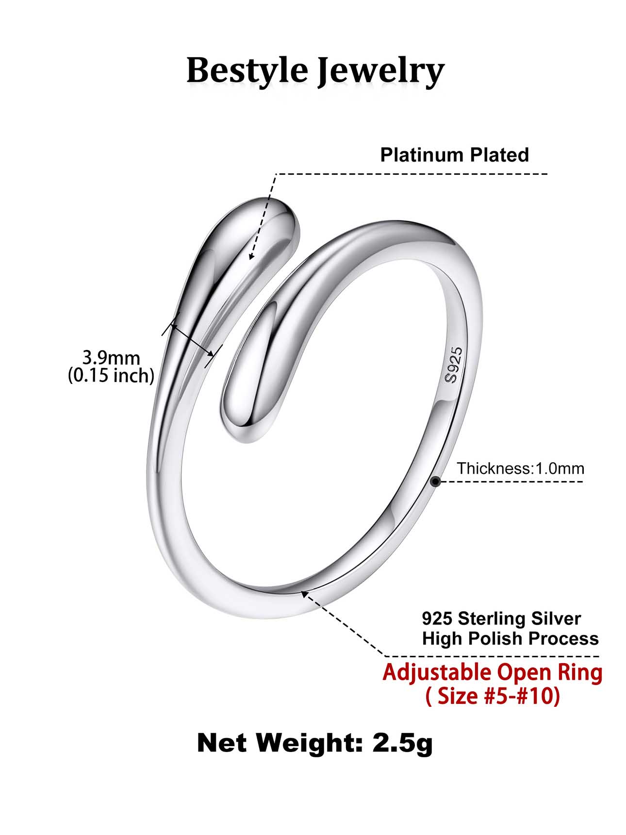 Silver Dainty Teardrop Ring Open Adjustable Band Ring