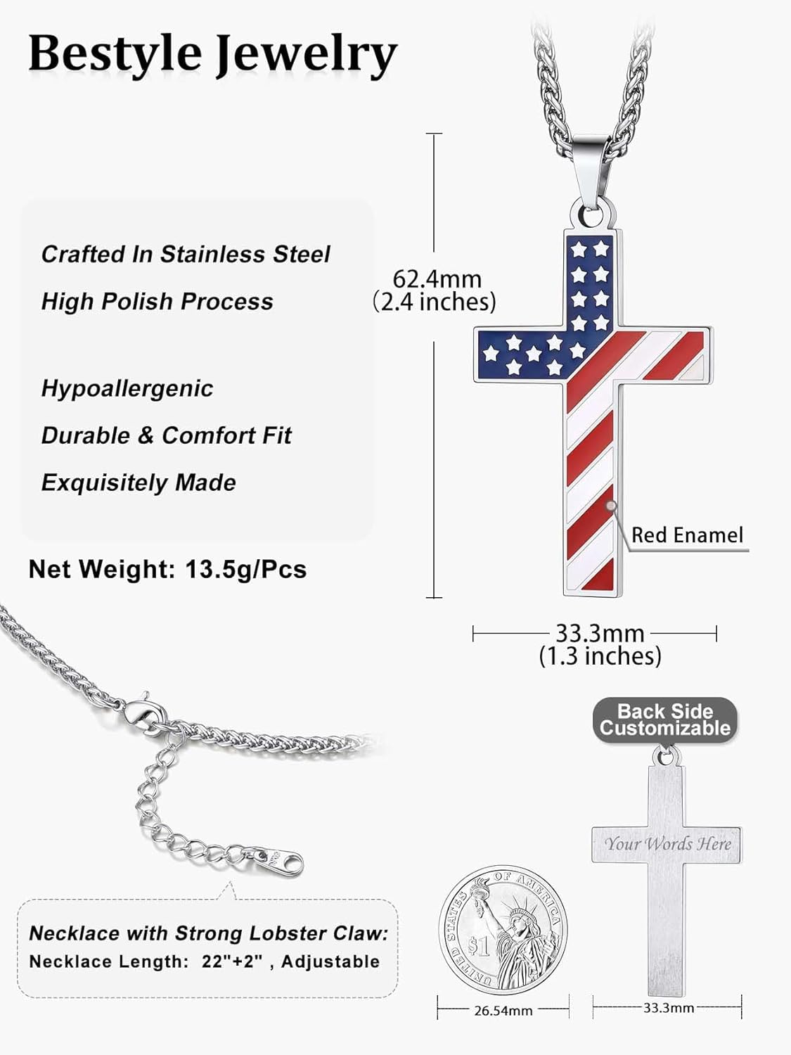 Stainless Steel US Flag Cross Patriotic Necklace