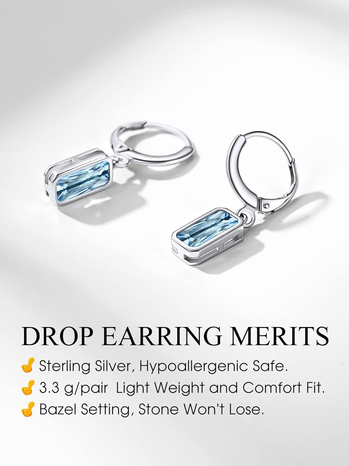 Rectangular Baguette March Aquamarine Crystal Huggie Hoop Dangle Earring 