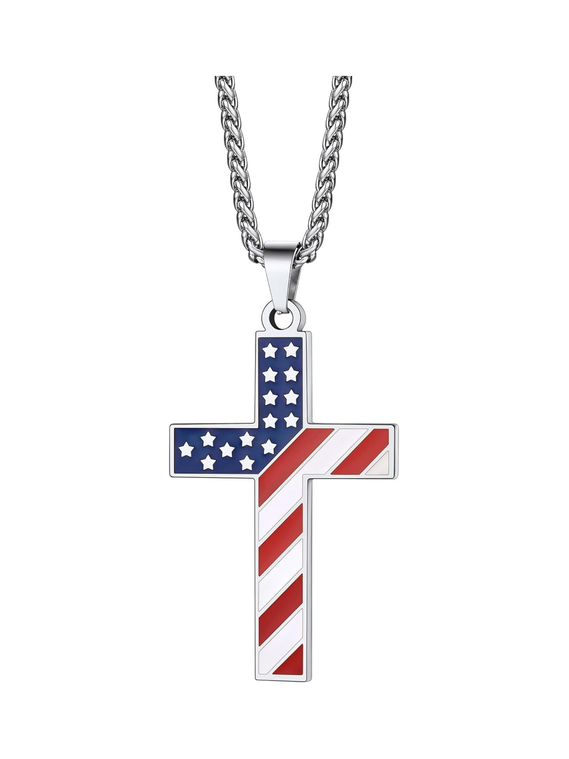 Stainless Steel US Flag Cross Patriotic Necklace