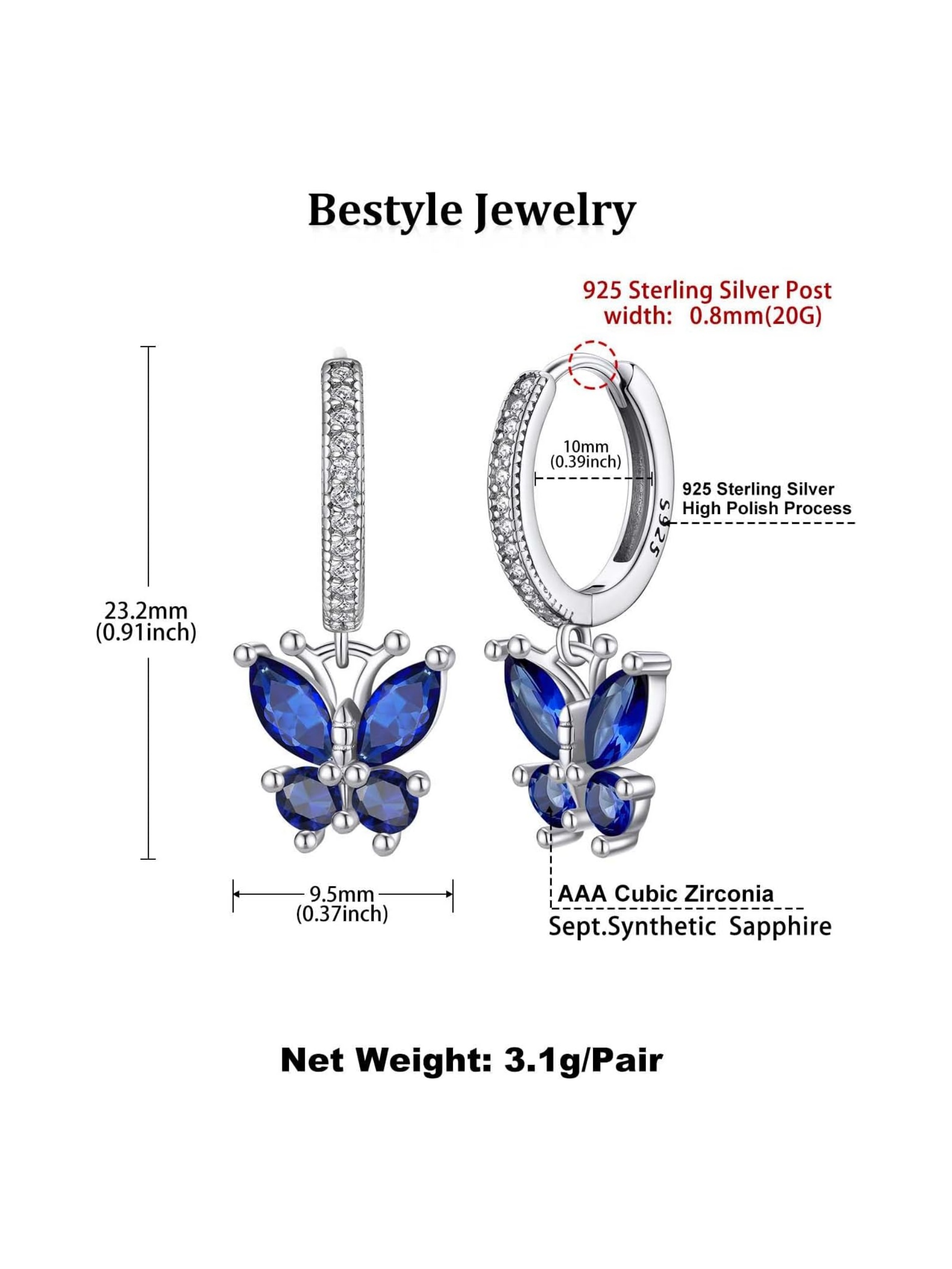 September Sapphire Dangle Butterfly Birthstone Studs Earrings