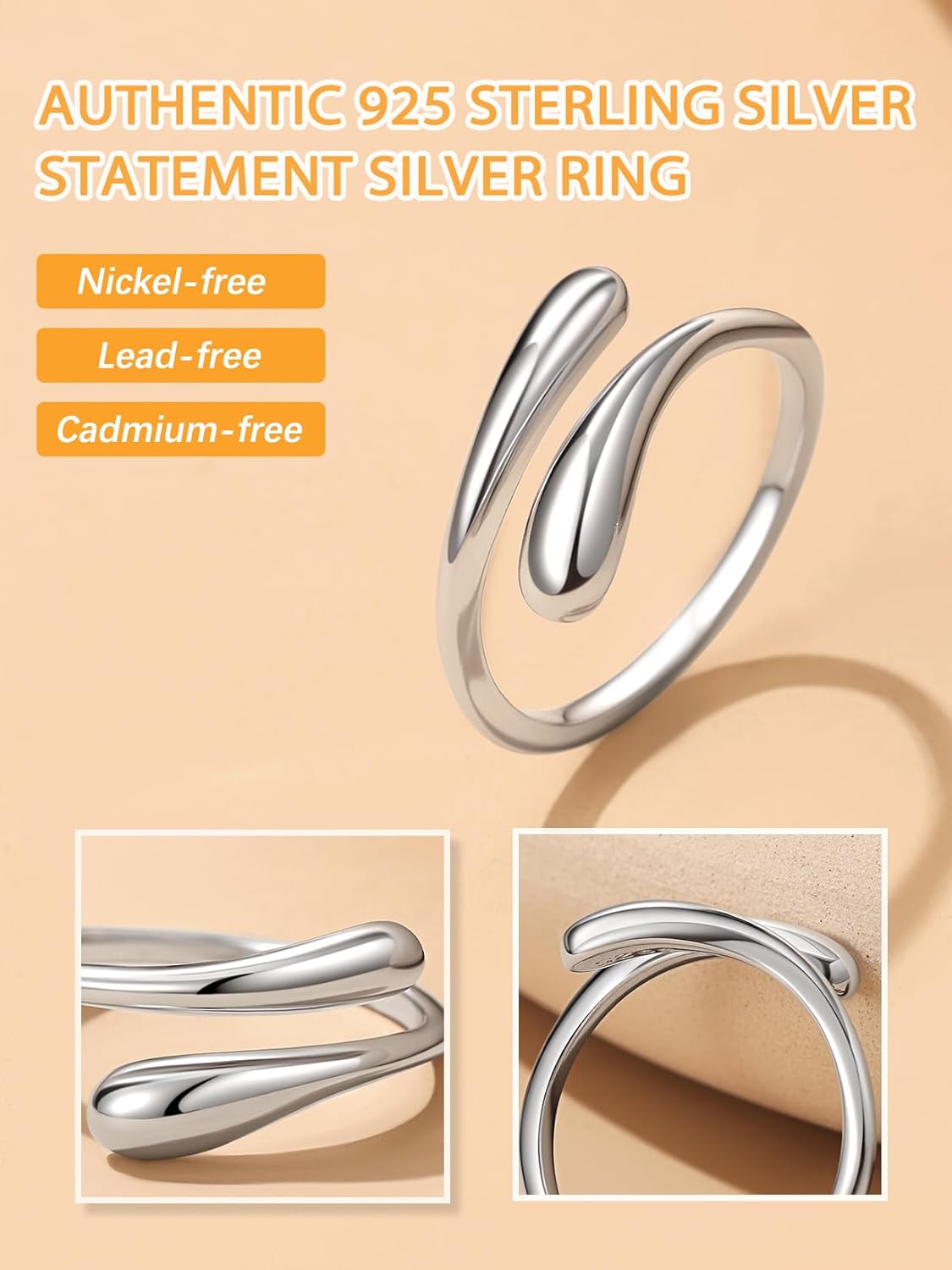 Silver Dainty Teardrop Ring Open Adjustable Band Ring