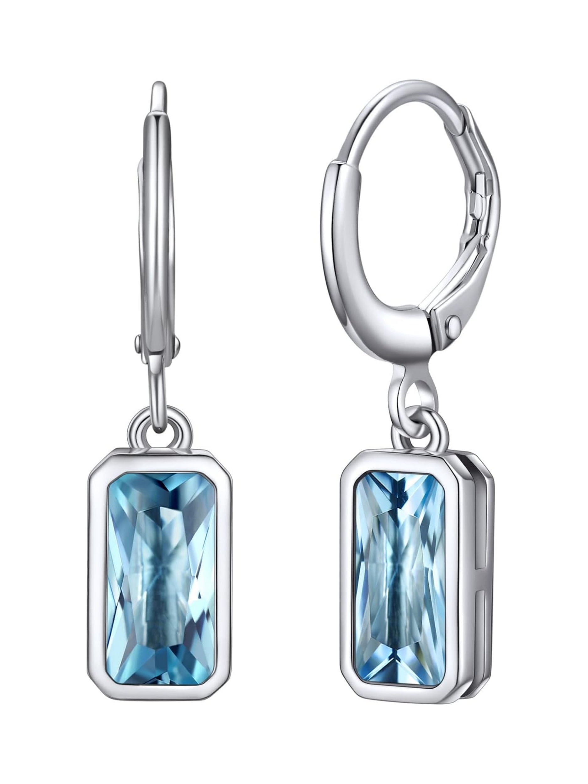 Rectangular Baguette March Aquamarine Crystal Huggie Hoop Dangle Earring 