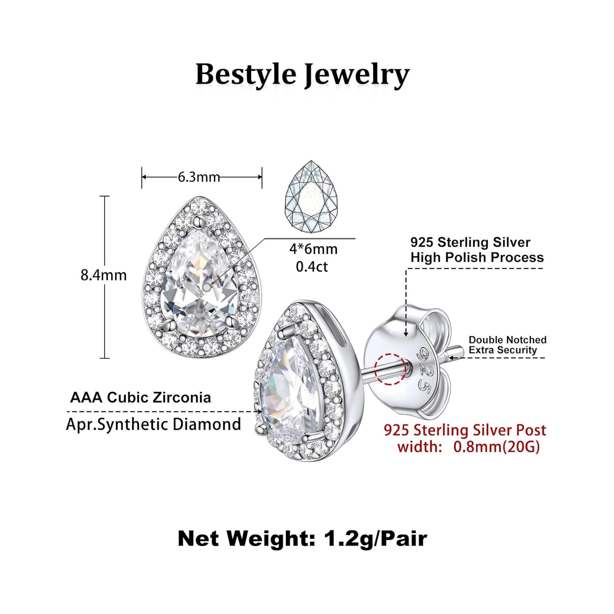 White Diamond April Birthstone Sparkling Teardrop Studs Earrings