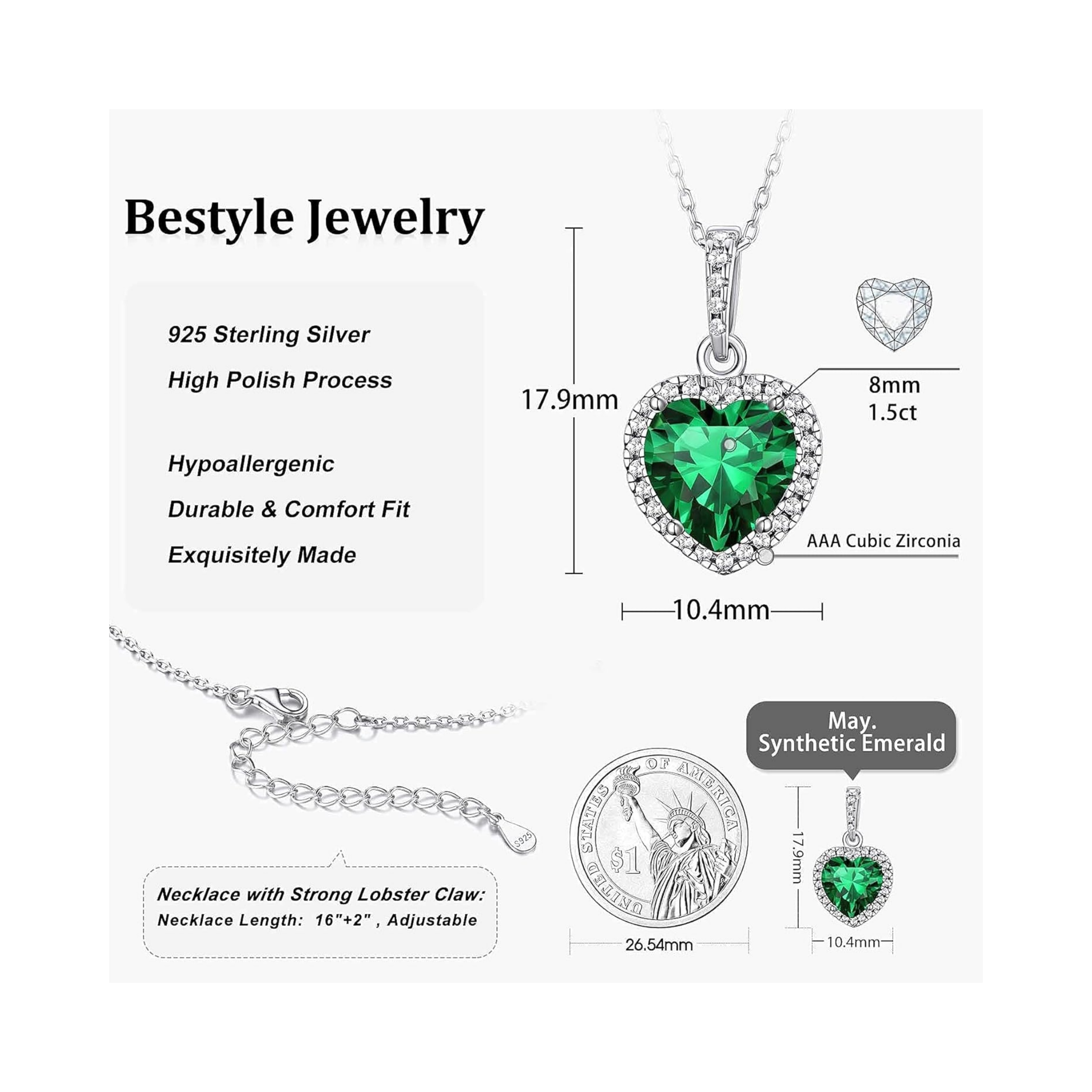 Heart May Emerald Solitaire Birthstone Pendant Diamond Necklace
